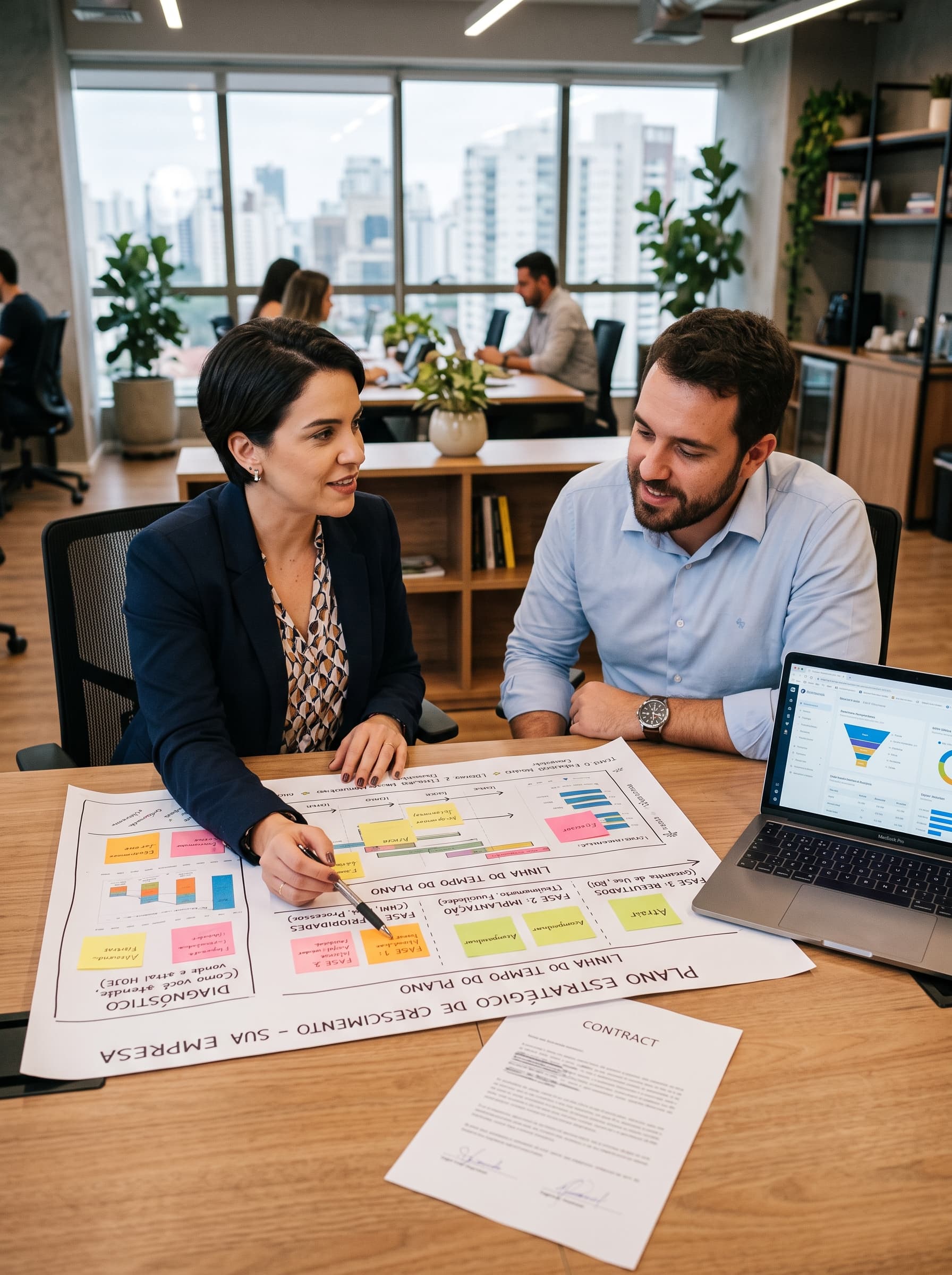 Especialista e cliente revisando juntos o plano de crescimento sobre a mesa